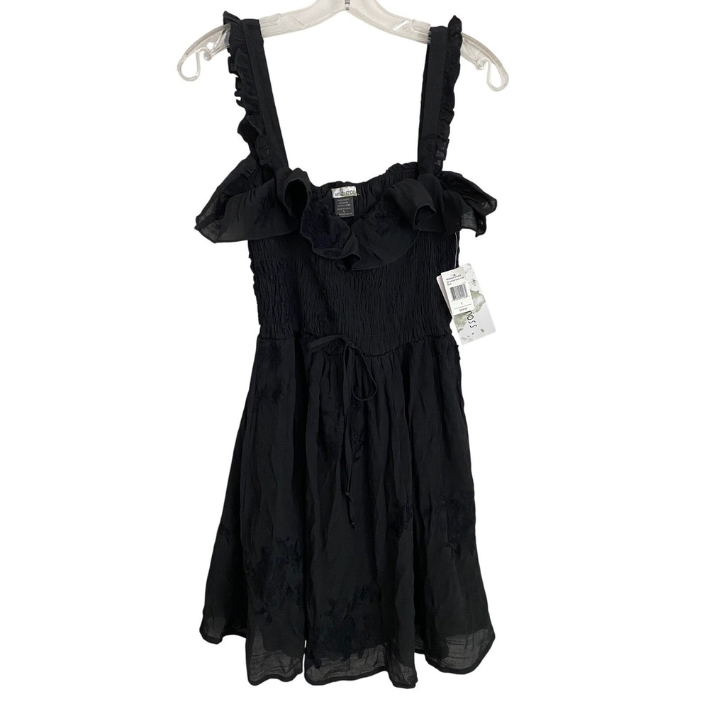 Wild Moss Womens Smocked Body‎ Mini Dress Black Floral Embroidered Ruffle L NWT - Picture 2 of 10